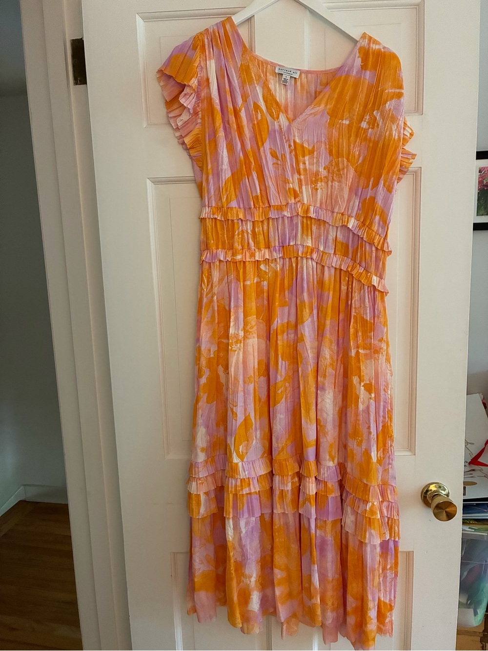 Current Air Orange and Lavender Floral Ruffle Midi Dress
